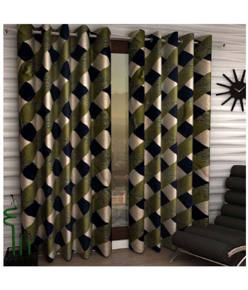     			Phyto Home Geometrical Semi-Transparent Eyelet Window Curtain 5 ft Pack of 2 -Green