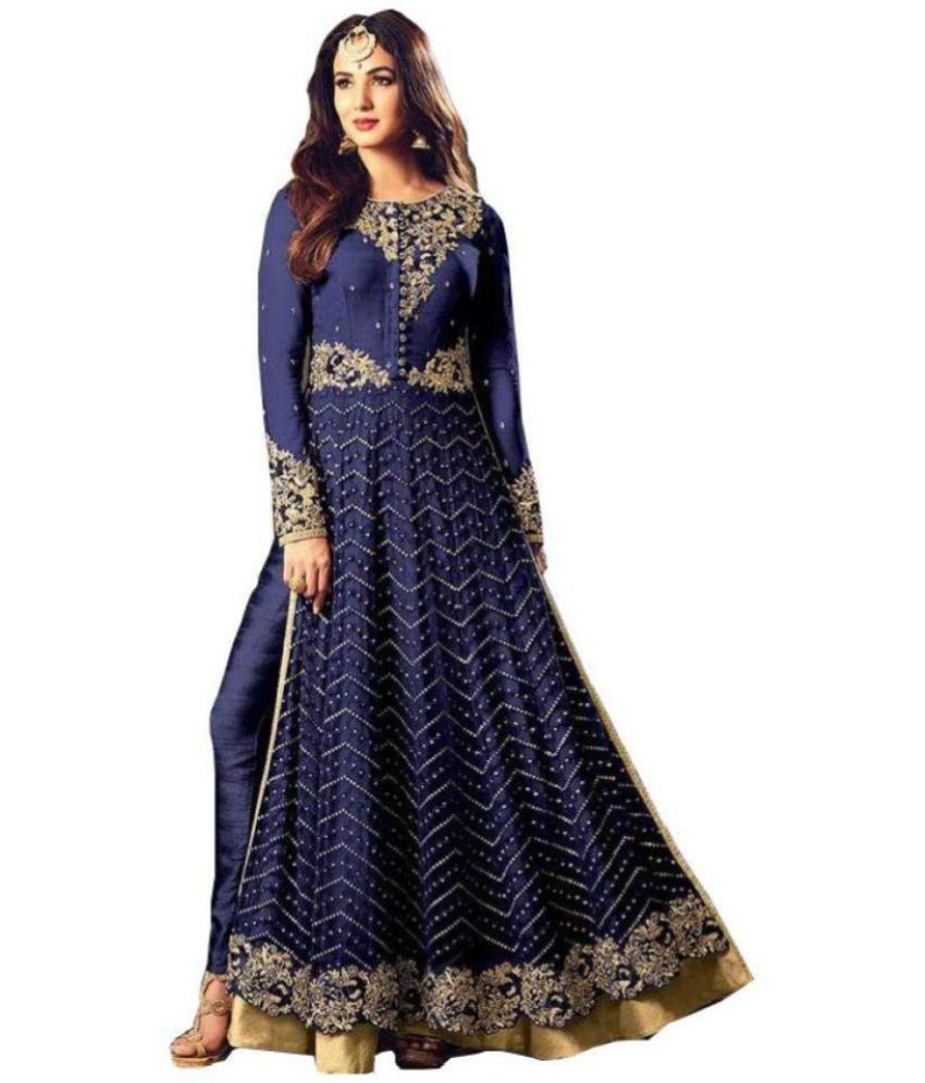 Shreya Creations Blue and Grey Net Straight Semi-Stitched Suit - Buy ...