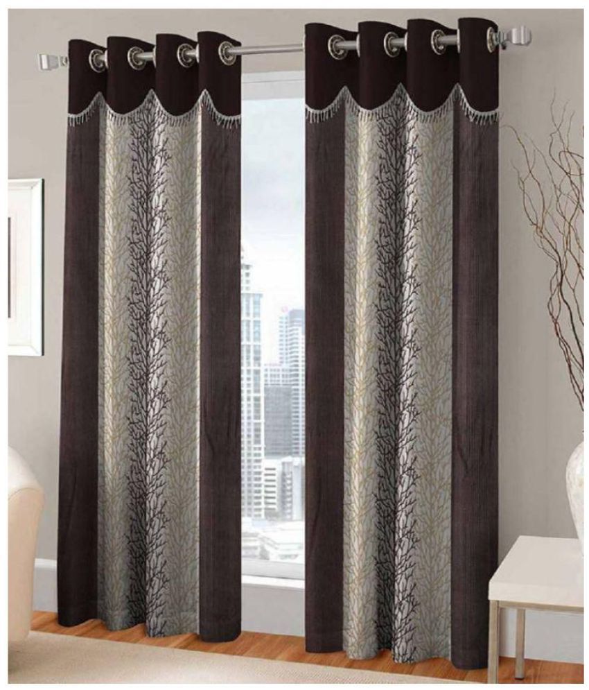     			Phyto Home Floral Semi-Transparent Eyelet Long Door Curtain 9 ft Pack of 2 -Brown
