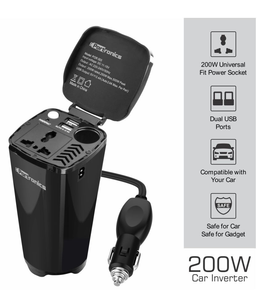 Portronics CarPower One Portable 200W Car Inverter with Single AC 220V