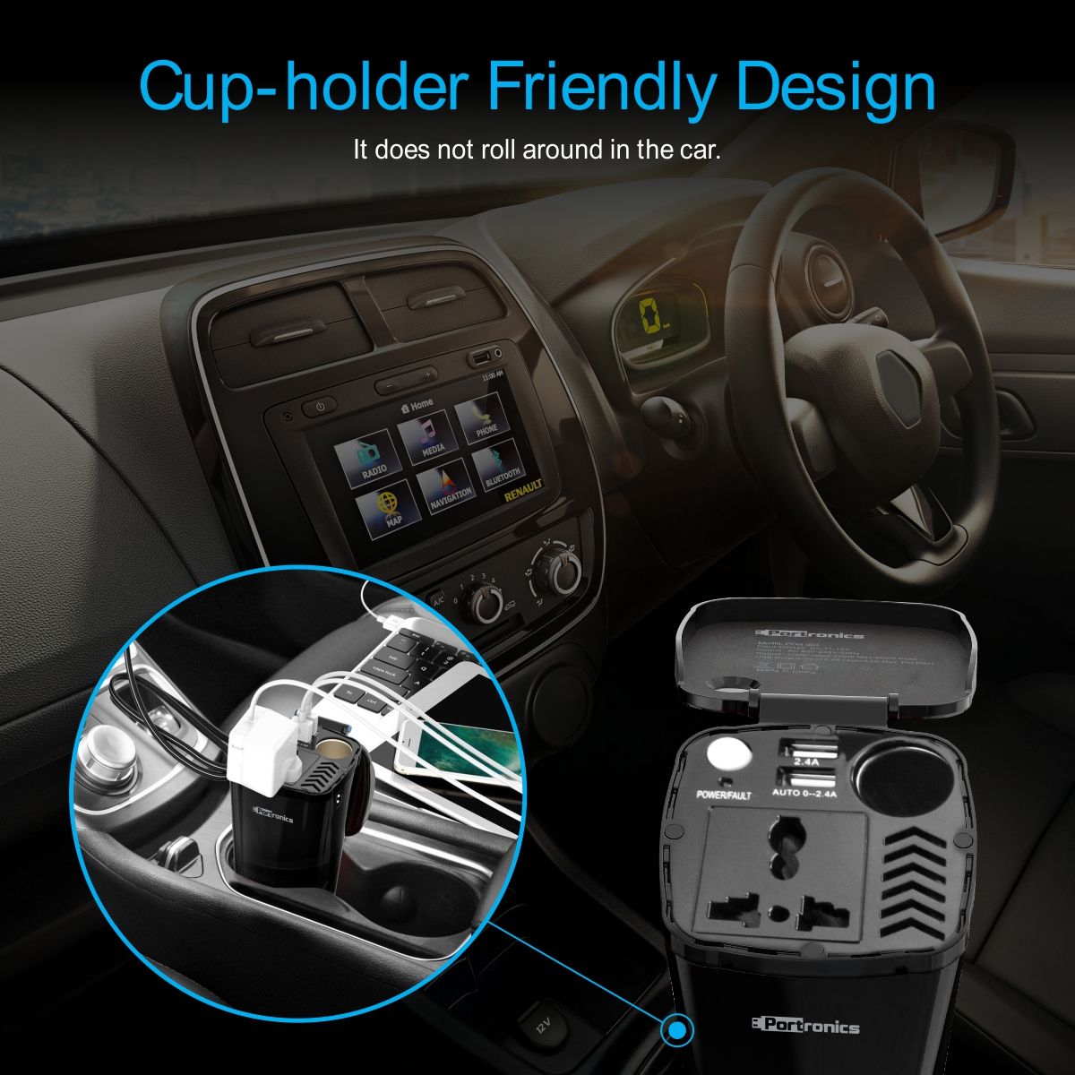 Portronics CarPower One Portable 200W Car Inverter with Single AC 220V