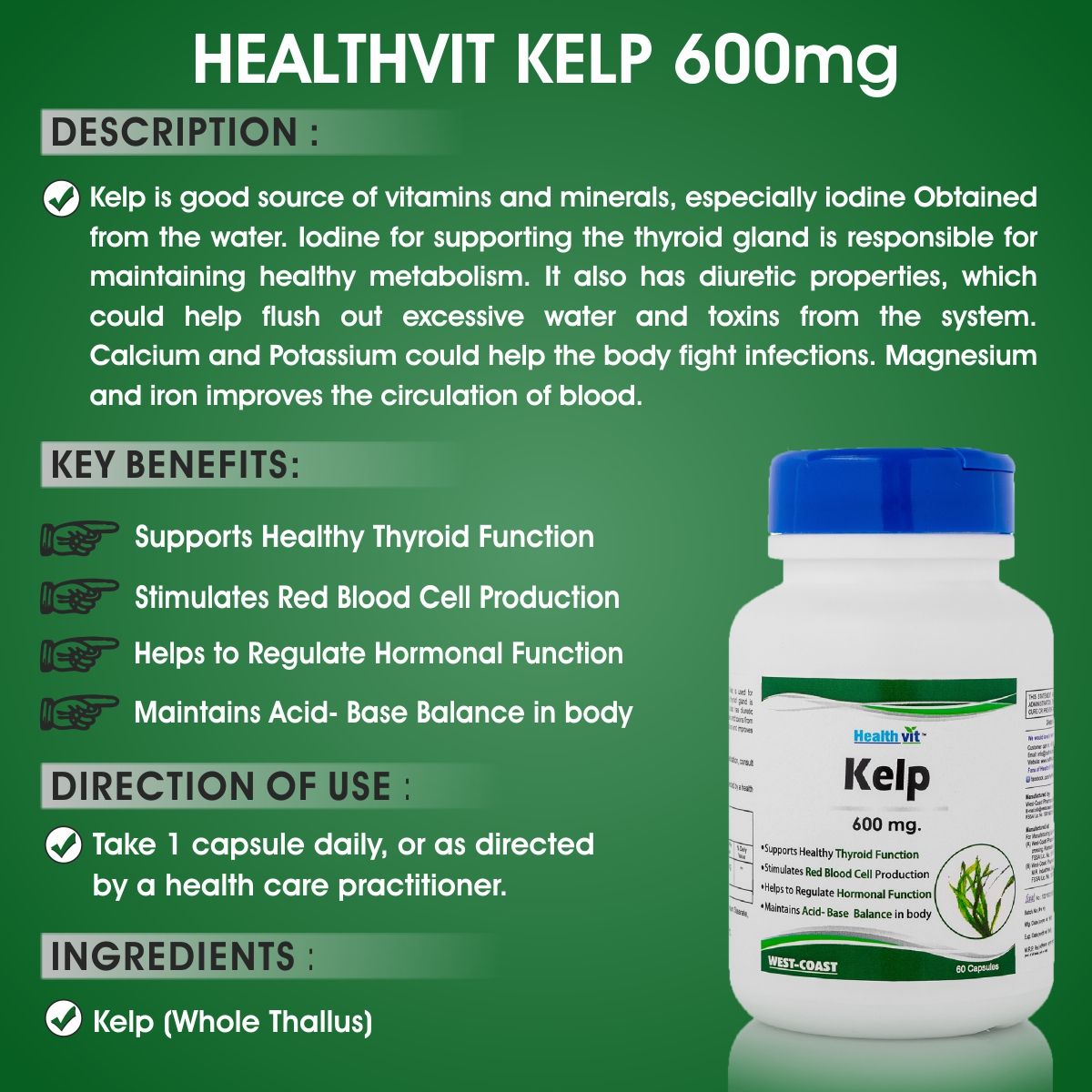 HealthVit Kelp 600mg 60 no.s Vitamins Capsule Buy HealthVit Kelp 600mg