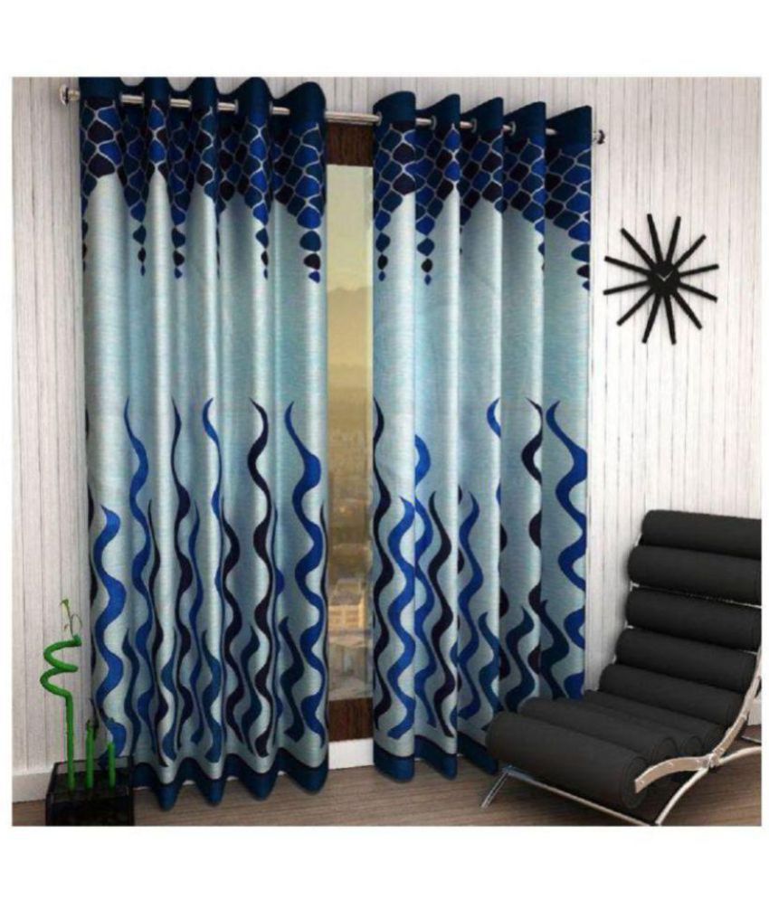     			Panipat Textile Hub Printed Semi-Transparent Eyelet Door Curtain 7 ft Pack of 6 -Blue