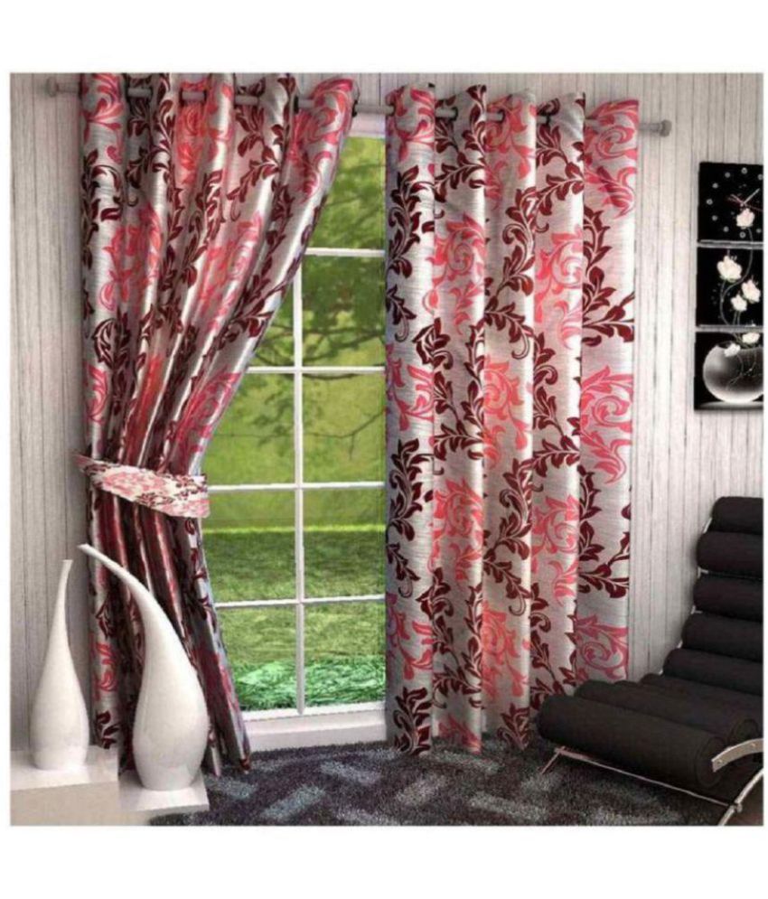     			Panipat Textile Hub Floral Semi-Transparent Eyelet Door Curtain 7 ft Pack of 4 -Maroon