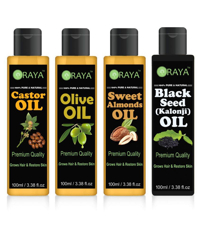     			ORAYA 100% Pure & Natural Castor+Olive+Almond+ ( Kalonji) Hair Oil- 400 ml Pack of 4