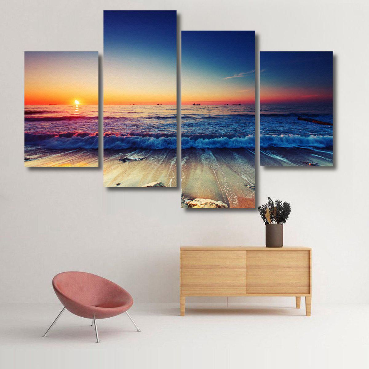 4 Panels Beach Sunset Canvas Printed Painting Sea Seascape Modern Home ...