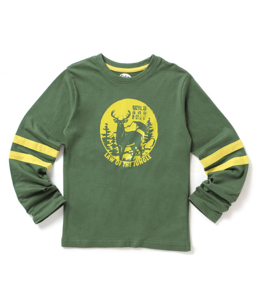 Cub McPaws Boys Contrast Stripe Sleeve T-Shirt |Green Color |Full Sleeve Round Neck T-Shirt | 4-12 Years