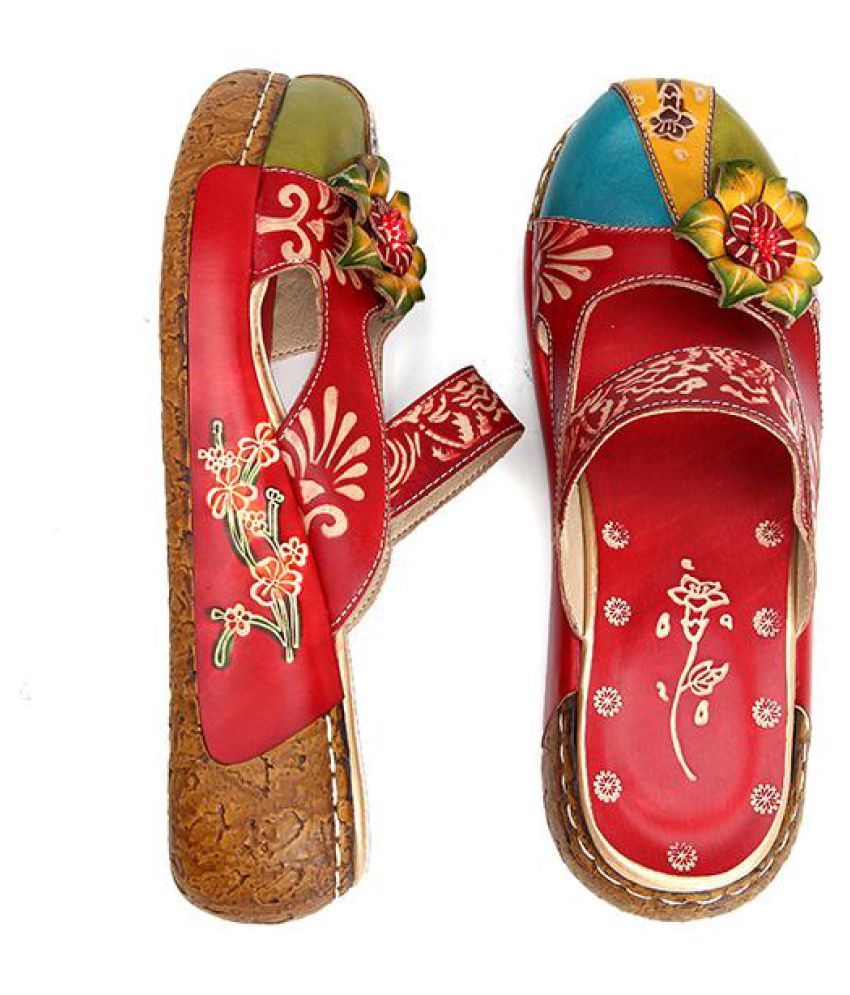 socofy vintage colorful leather hollow out backless flower shoes