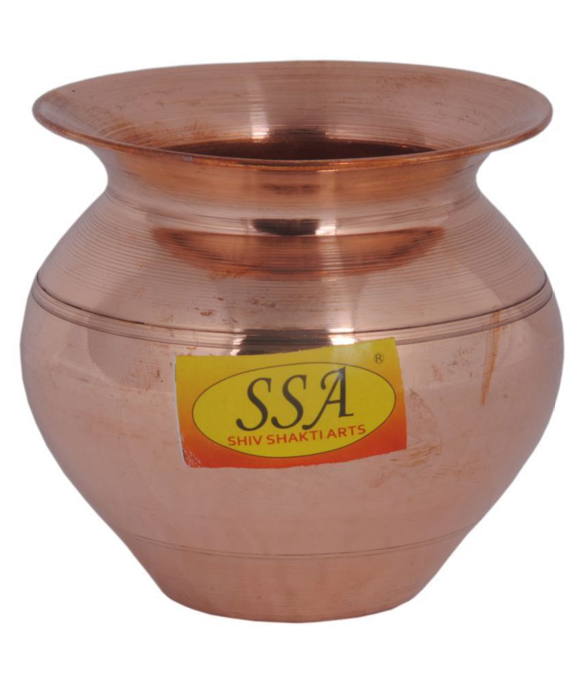 Handmade Pure Copper Kumkuma Kalashlota With Line Design Volume250 Ml For Diwali Pooja 7538