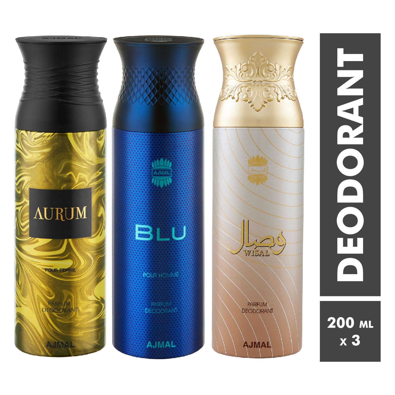     			Ajmal Aurum & Blu & Wisal Deodorant Spray - For Men & Women (200 ml, Pack of 3)