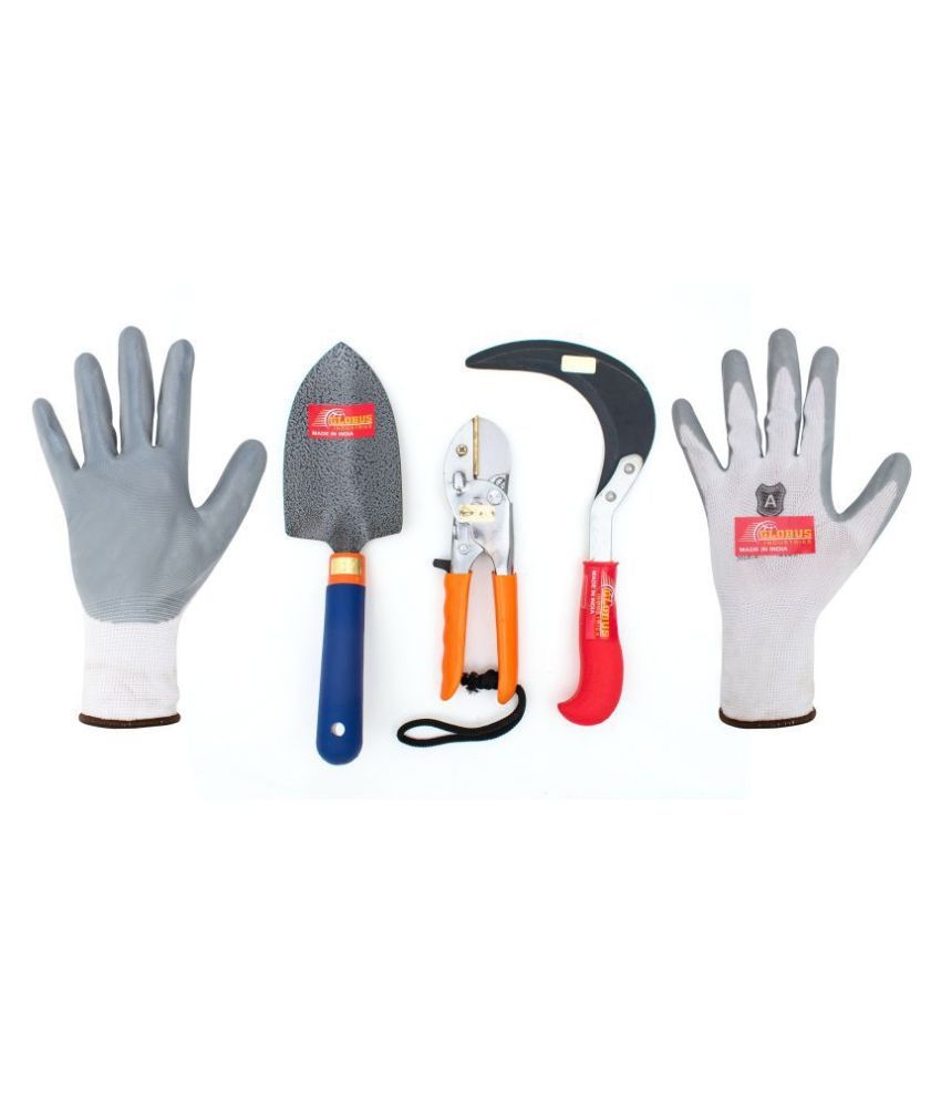     			GLOBUS STEE L GARDEN TOOL SET/4 PCS ( SICKLE 5"+ BIG TROWEL BLUE + ORANGE PRUNER 8" CHROME AND GREY GARDEN GLOVES.