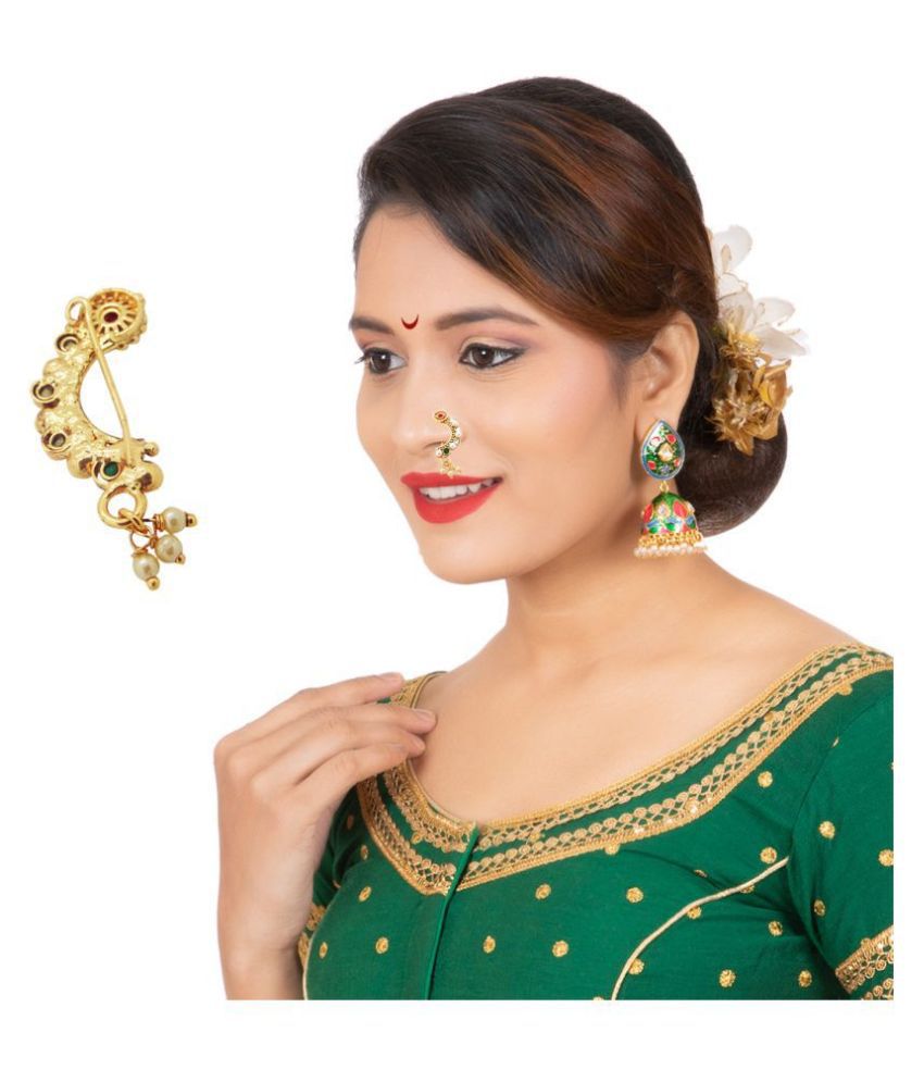 Biyu Maharashtrian Style Pressing Nath Long Cz Pearl Gold Plated Nose Ring Buy Biyu Maharashtrian Style Pressing Nath Long Cz Pearl Gold Plated Nose Ring Online In India On Snapdeal