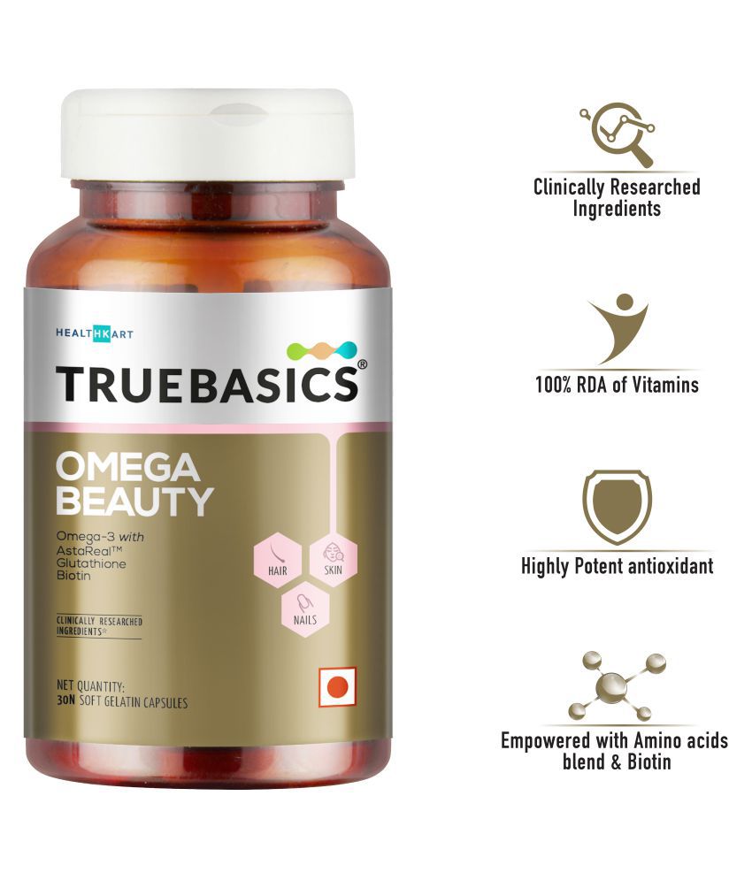 TrueBasics Omega Beauty, with Omega 3 Fish Oil, Astaxanthin, Biotin, Glutathione, and 100% RDA of all Vitamins, 30 Capsules