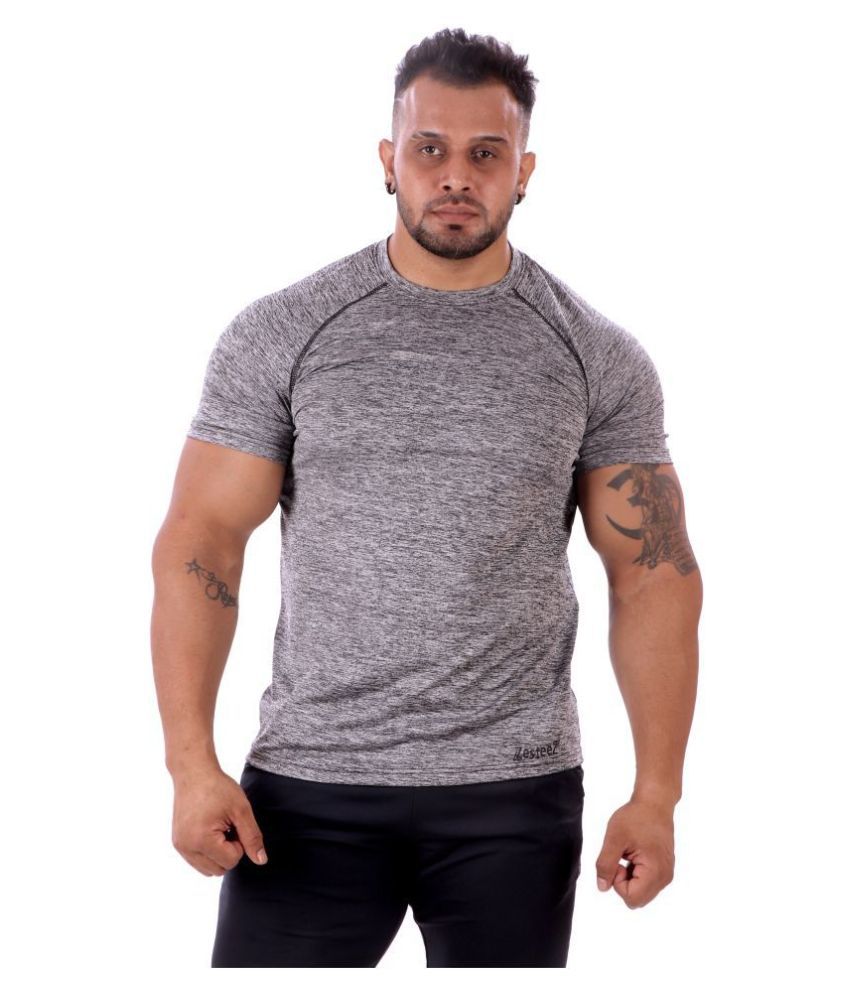 Zesteez Mens Grey Grindle Tshirt in Stretchable Polyester Lycra Fabric for Gym and sports wear
