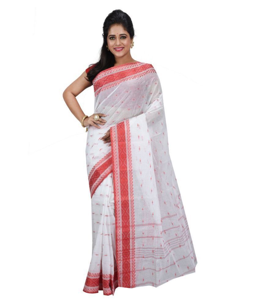     			Desh Bidesh - White Cotton Saree Without Blouse Piece (Pack of 1)