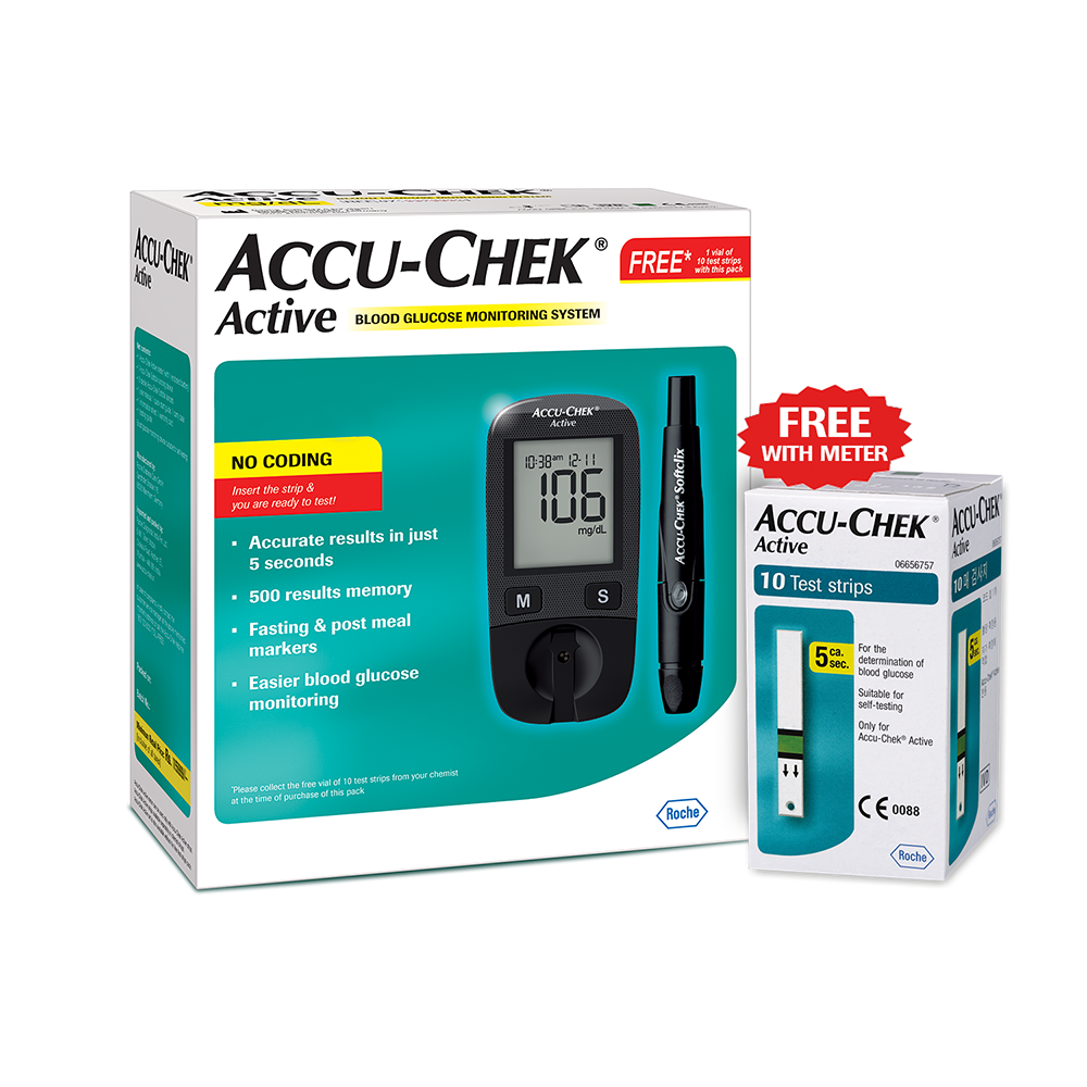 Accu-Chek Active Blood Glucose Meter Kit, Vial of 10 strips free (Multicolor)