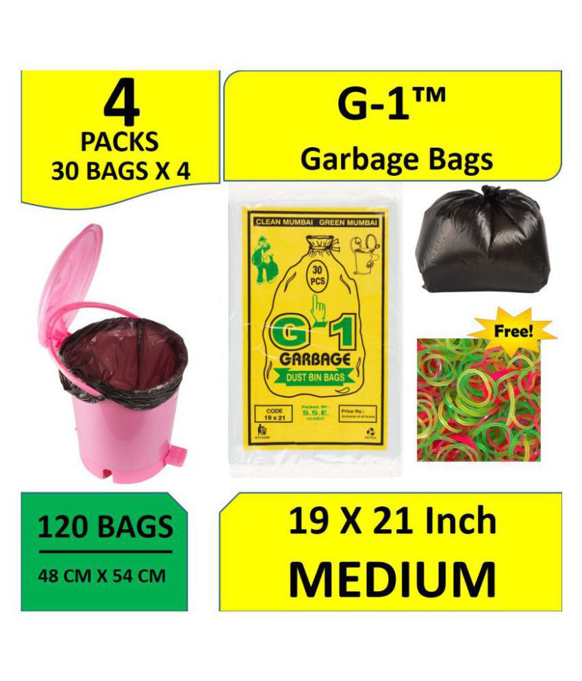     			G-1 Dustbin bags with 1 Pack of Rubberband, Medium, Black,19 X 21 Inch , 120 Pieces, Disposable