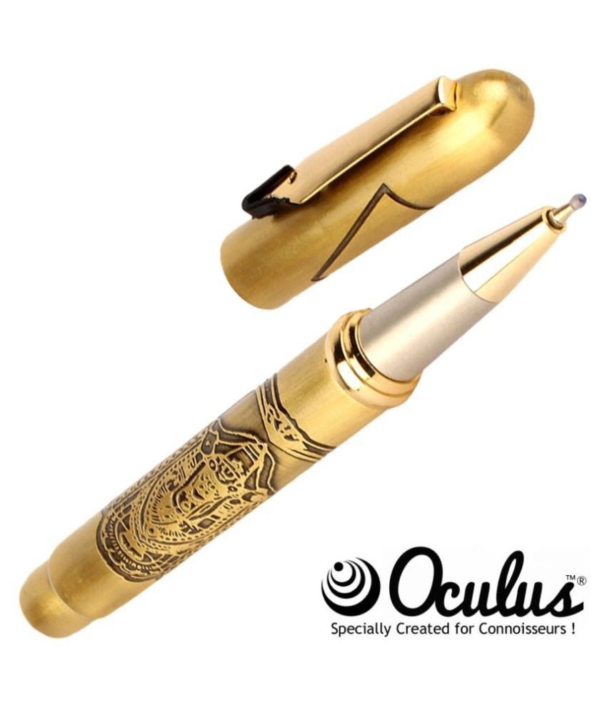 Oculus™ Carving 5056 Magnatic Cap, Titanium Steel Tip, Embossed “Tirupati Balaji” Golden Brass Body Metallic Roller Ball Pen.