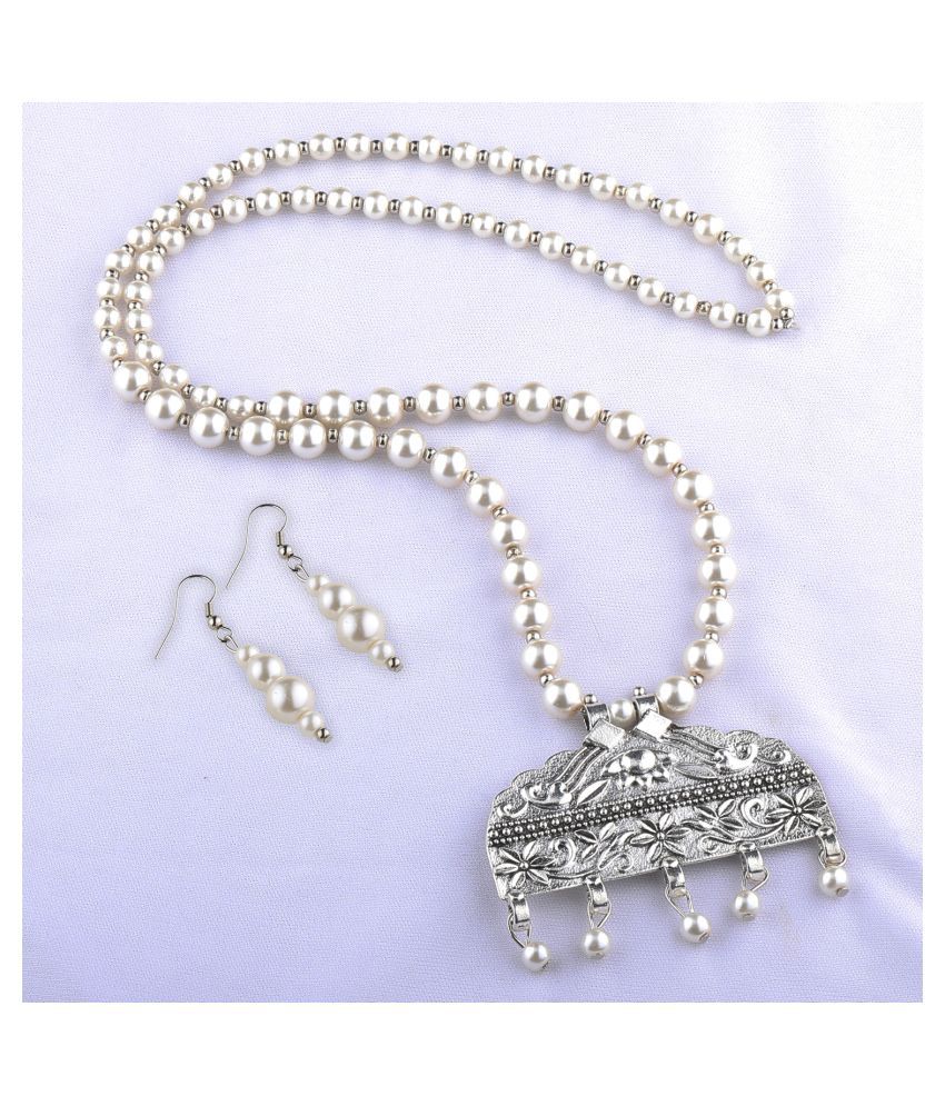     			SILVERSHINE silverplated Elegant Designer Traditional Long Pearl Drop pendant Necklace set for women Jewellery set