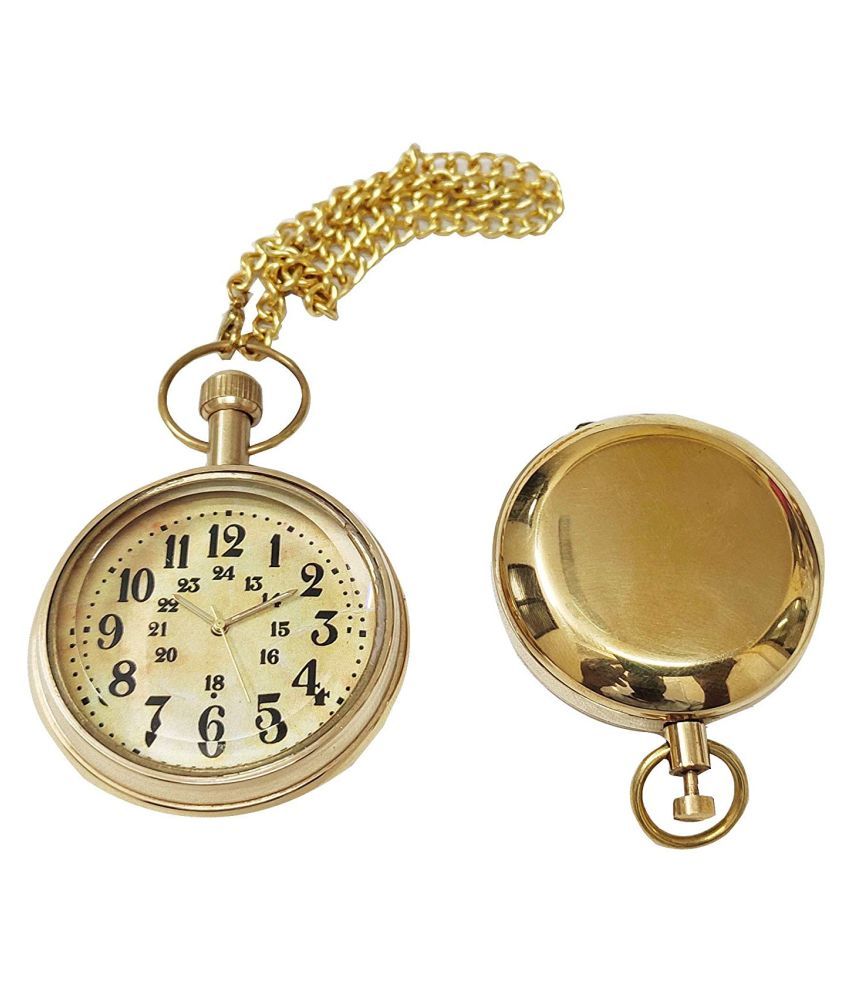 Beautiful Brass Pocket Watch and Push Button Compass Combo
