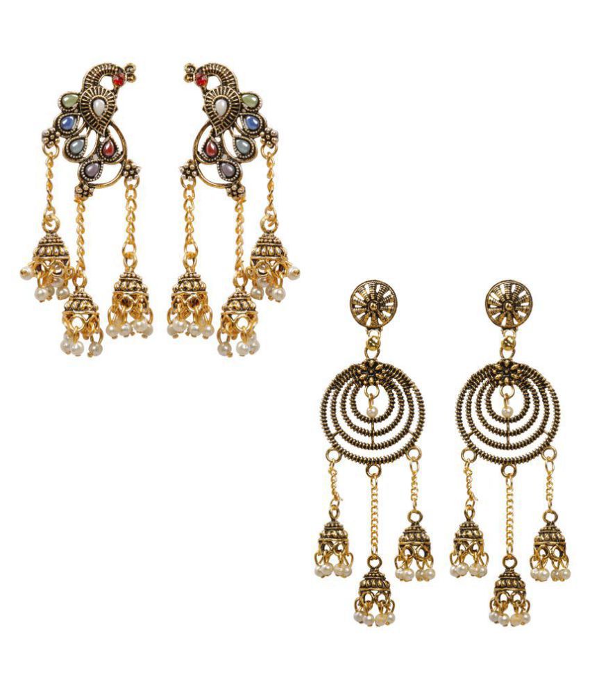     			Silver Shine Partywear Traditional Unique Design Drop Earrings combo set pair of 2 For Girls and Women Jewellery