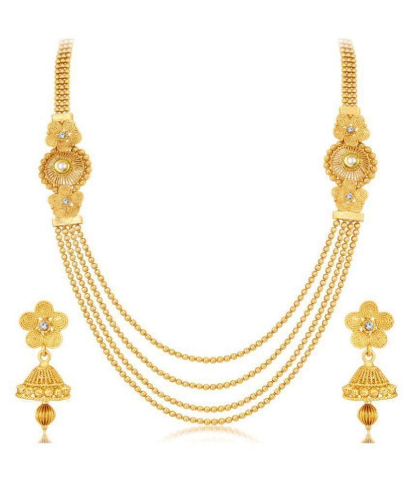     			Sukkhi Alloy Golden Long Haram Traditional 18kt Gold Plated Necklaces Set