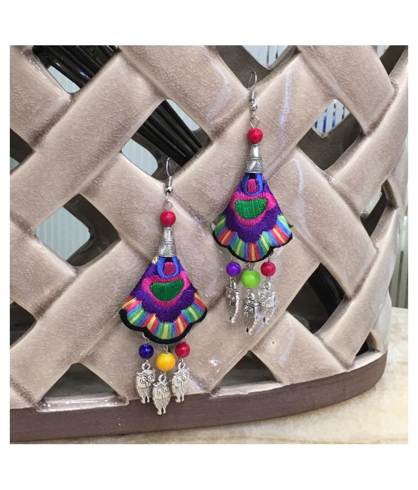     			Digital Ethnic Silver Plated Oxidised Metal Alloy Hook Earrings Traditional lightweight Multicolored Embroidered Floral & Owl beads Dangler Earrings Stylish Fancy Party Wear Jewellery For Women & Girl