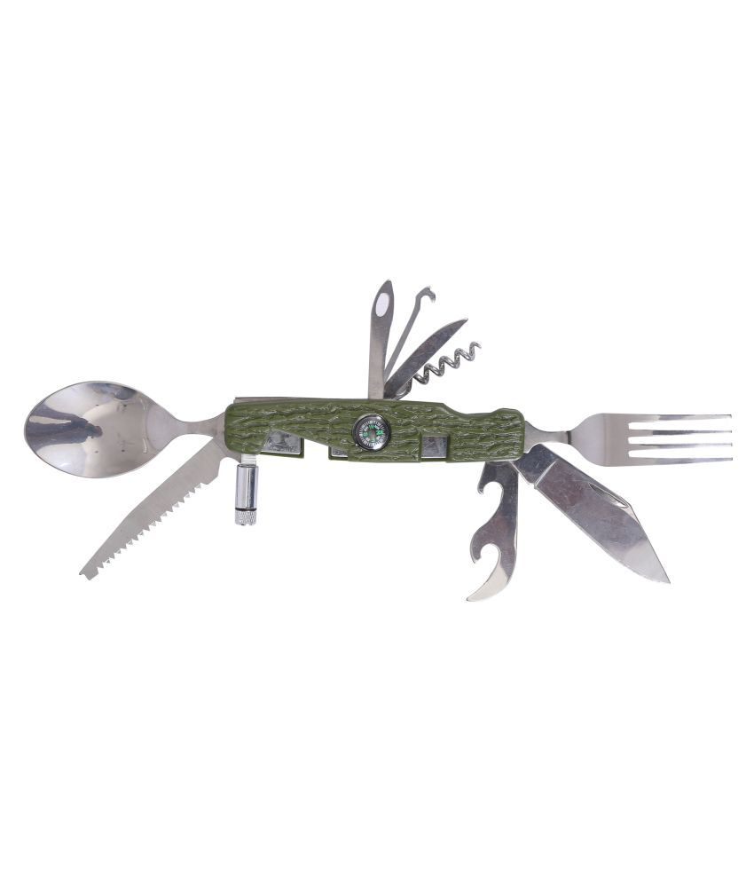 Shopizone 10 in 1 Camping Tool Portable Steel Camping Spoon, Fork, Knife, Bottle Opener 10 Function Multi Utility Swiss Knife Green, Steel