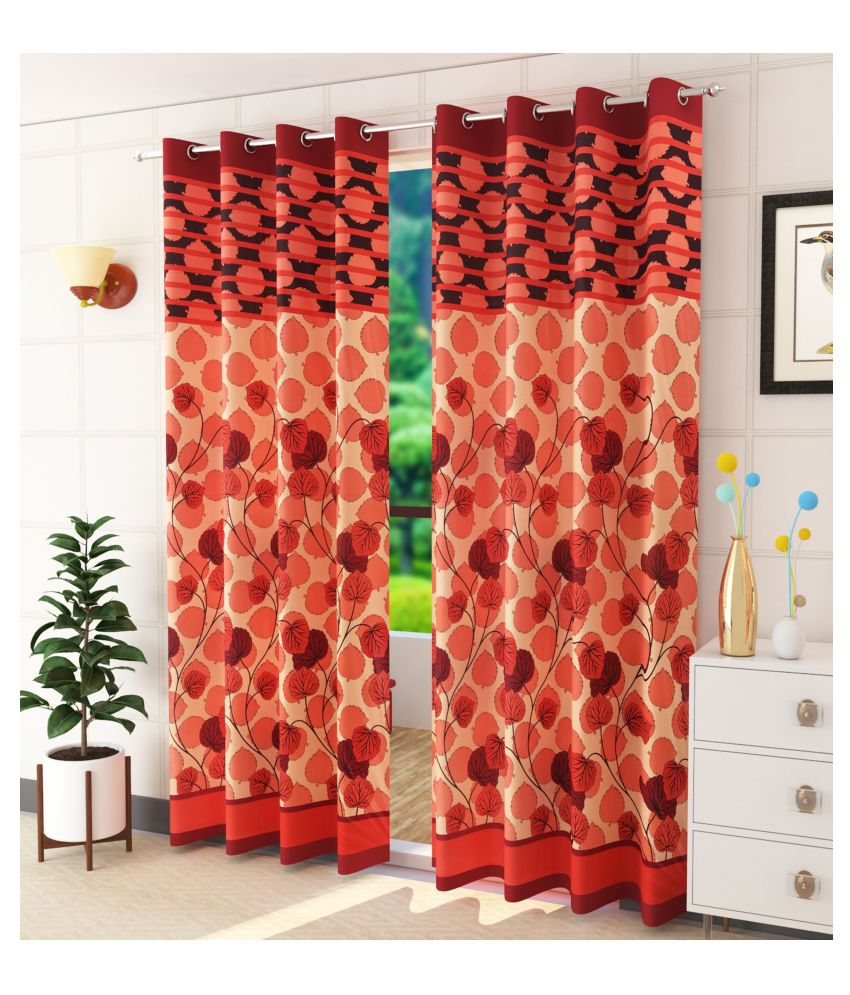     			Homefab India Floral Semi-Transparent Eyelet Door Curtain 7ft (Pack of 2) - Maroon
