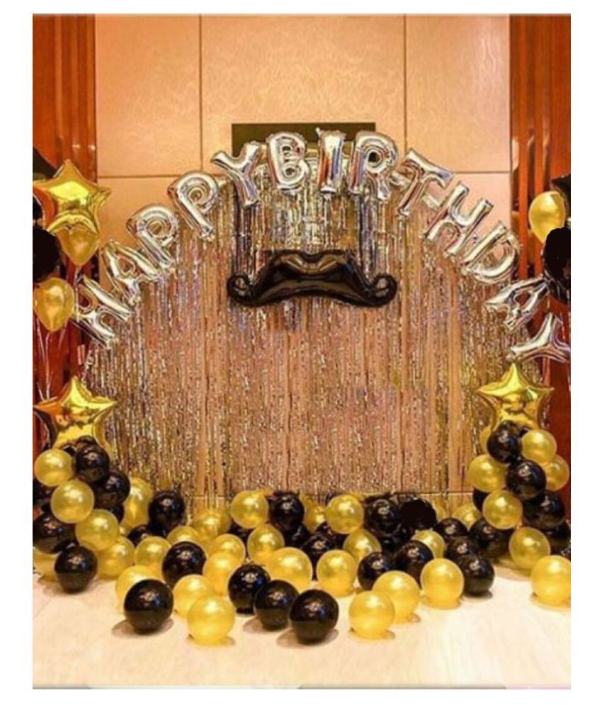     			Happy Birthday Silver Letter Balloon+ 2Pcs Silver Fringe Curtain (3 X 6 Feet)+ 30 pcs Metallic Balloons
