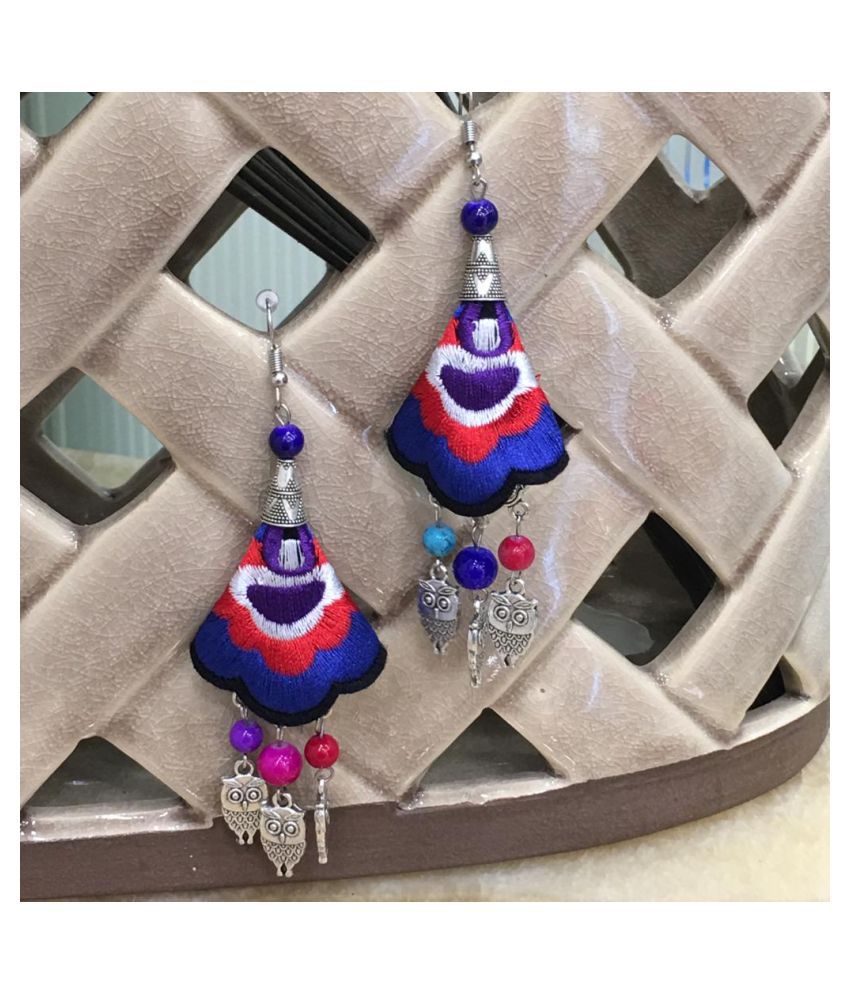 Digital Ethnic Silver Plated Oxidised Metal Alloy Hook Earrings Traditional lightweight Multicolored Embroidered Floral & Owl beads Dangler Earrings Stylish Fancy Party Wear Jewellery For Women & Girl