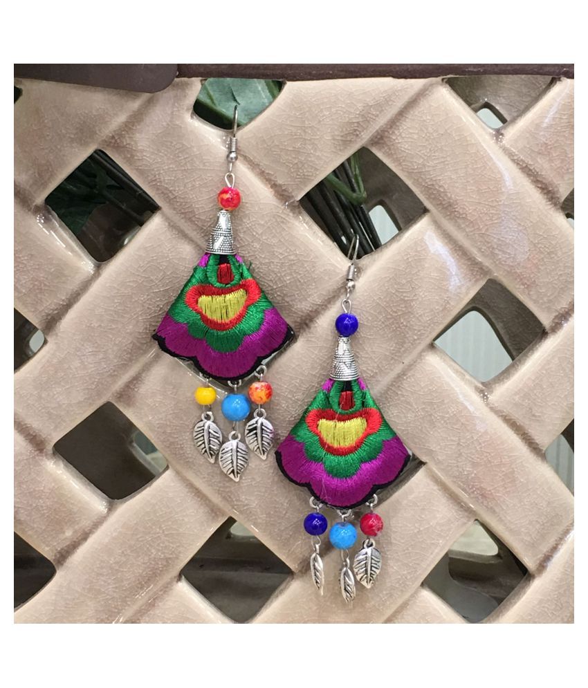     			Digital Ethnic Silver Plated Oxidised Metal Alloy Hook Earrings Traditional lightweight Multicolored Embroidered Floral & Leaf bead Dangler Earrings Stylish Fancy Party Wear Jewellery For Women & Girl