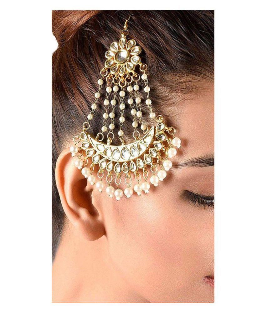 Sanjog Kundan Golden Pearl Wedding Jhumar Pasa Maang Tika Hair