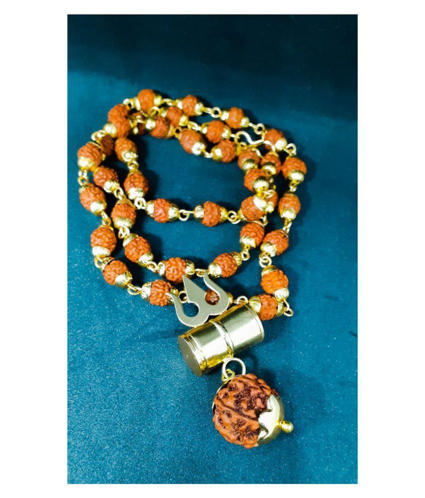     			Pantone 100% Orginal Loard Shiv Trishul Damru Locket With Puchmukhi Rudraksha Mala Gold-plated Brass, Wood