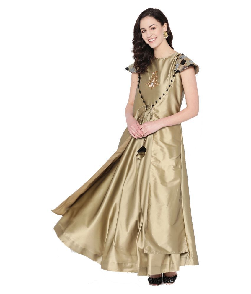 Cottinfab - Gold Flared Silk Women's Stitched Ethnic Gown ( Pack of 1 )