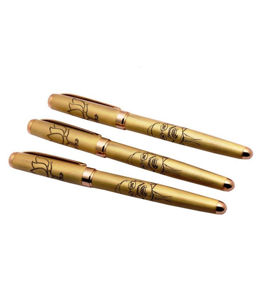     			Set Of 3 - Stylish Golden Finish Modi Image Engraved Design On Body And Lotus On Cap Medium Tip Ball Pen