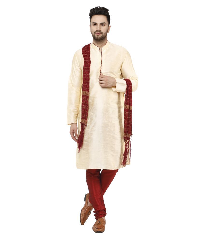     			SKAVIJ Beige Silk Blend Kurta Pyjama Set