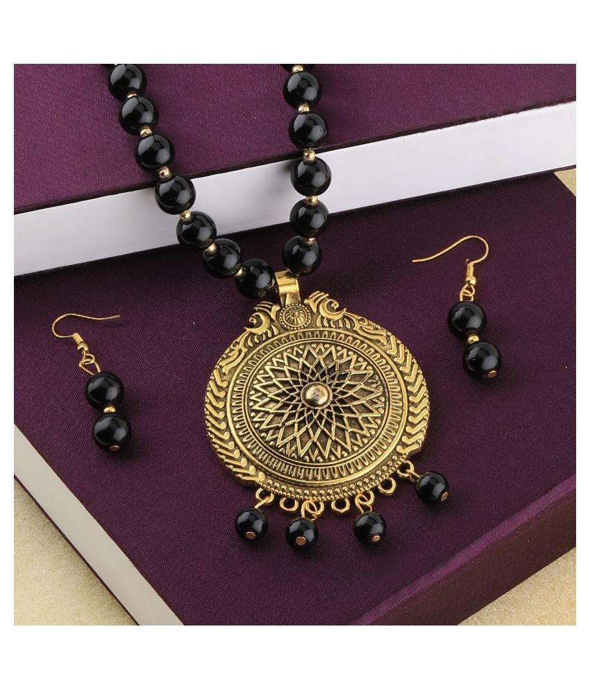     			SILVERSHINE Ethic Designer Gold Oxidised Pendant Black Pearl mala set for Women girl
