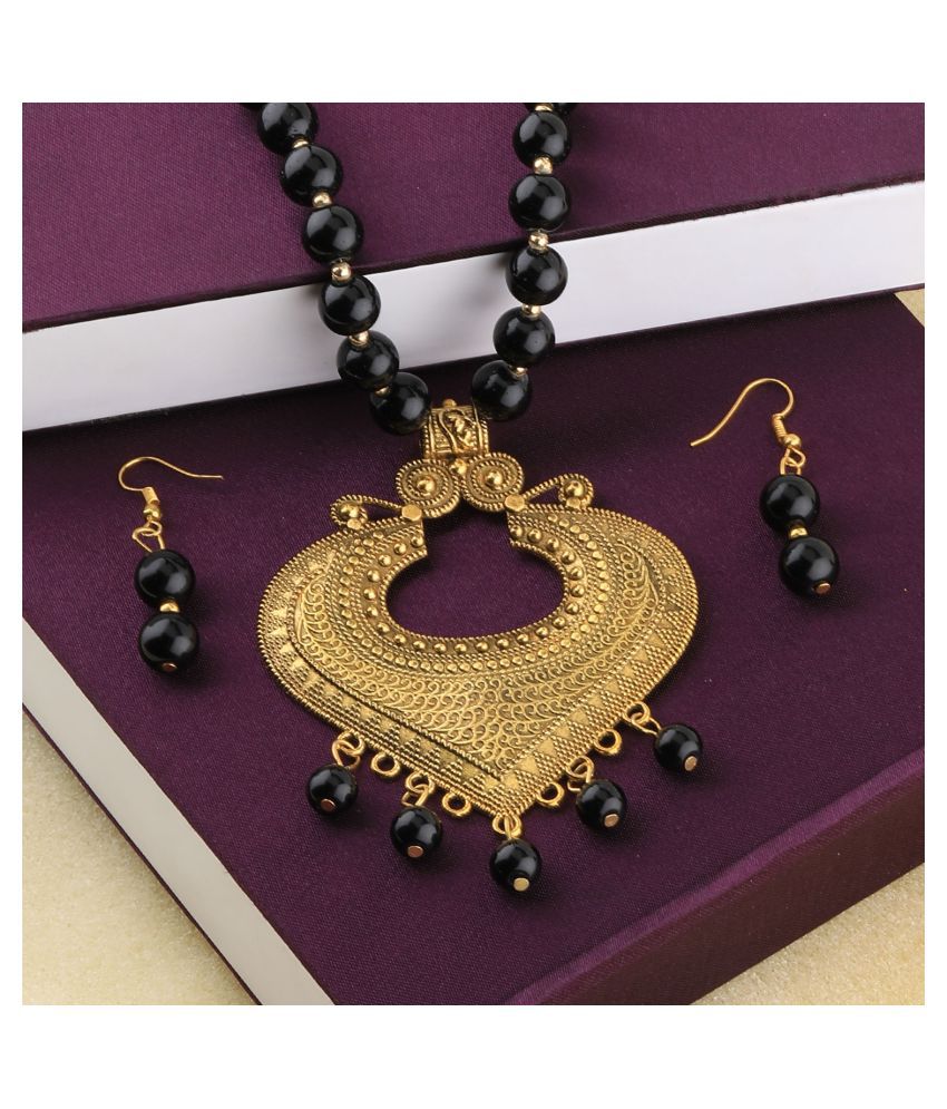     			SILVERSHINE Exclusive Gold Oxidised Pendant Black Pearl mala set for Women girl