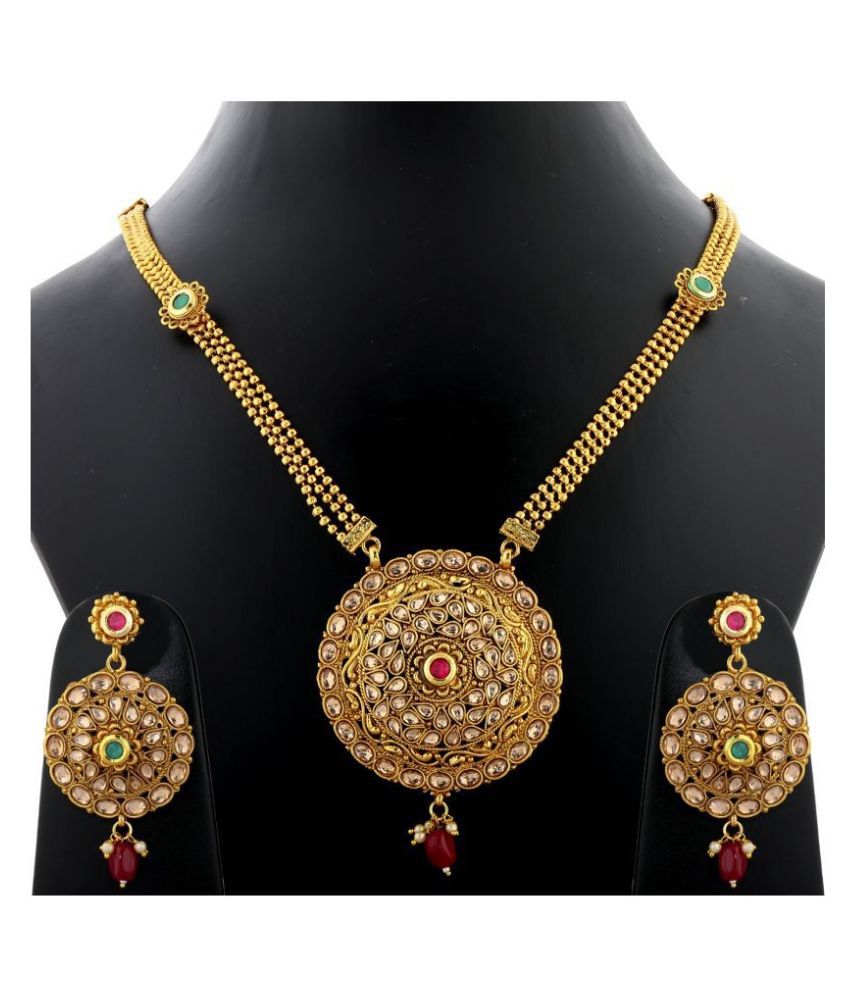     			Silver Shine Exclusive Traditional Gold Plated Three Line Chain with Round Shape All Over Stone Studded Kundan Necklace Set Jewellery for Women  and Girls