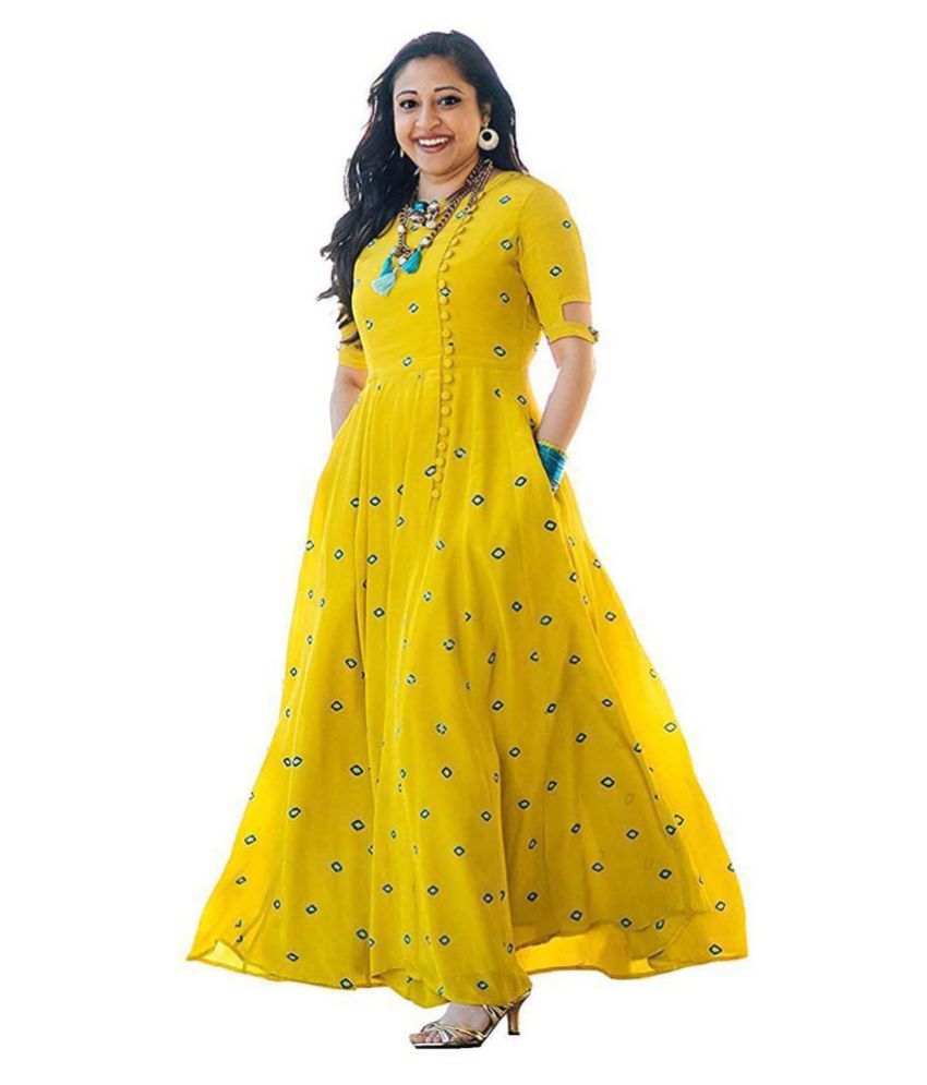     			SHREE JEE FABRICS Yellow Rayon Anarkali Kurti