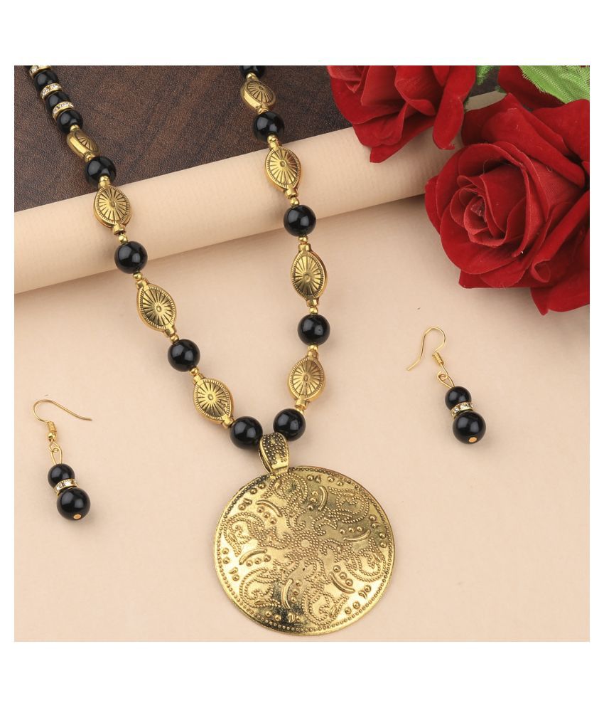     			SILVERSHINE  Adjustable  Different Gold Oxidised Pendant Black Pearl mala set for Women girl