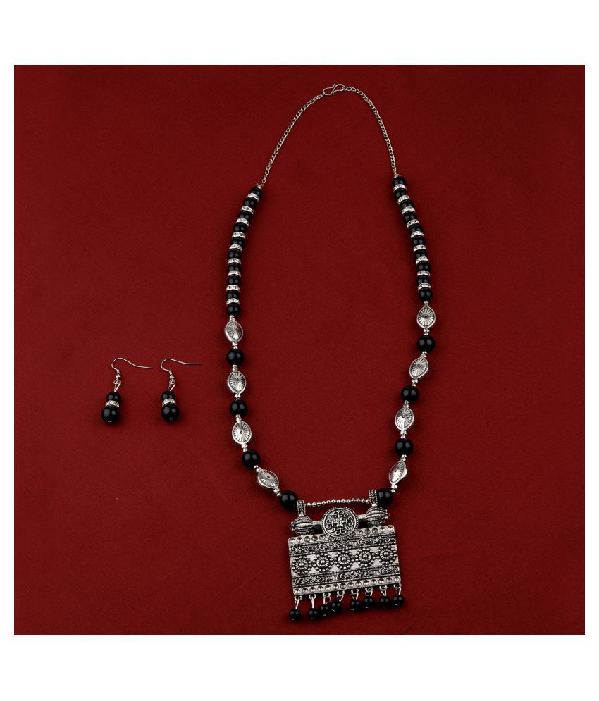     			SILVERSHINE Adjustable Silver Oxidised Square Pendant Black Pearl set for Women girl
