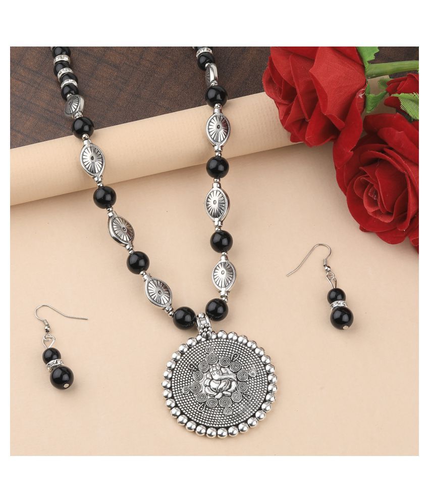     			SILVERSHINE Adjustable Silver Plated With Black Pearl Ganeshji  Pendant mala set for Women girl