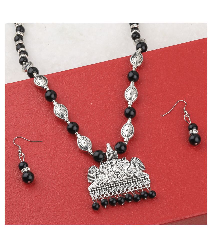     			SILVERSHINE Adjustable Silver Plated With Black Pearl Designer Pendant mala set for Women girl