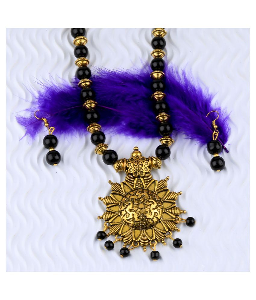     			SILVERSHINE Designer Adjustable Gold Oxidised Pendant Black Pearl mala set for Women girl