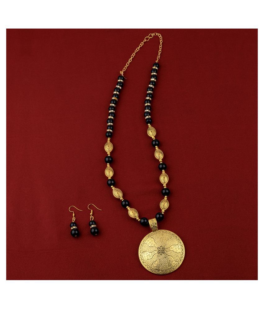     			SILVERSHINE Stylish Adjustable Gold Oxidised Round Pendant Black Pearl mala set for Women girl