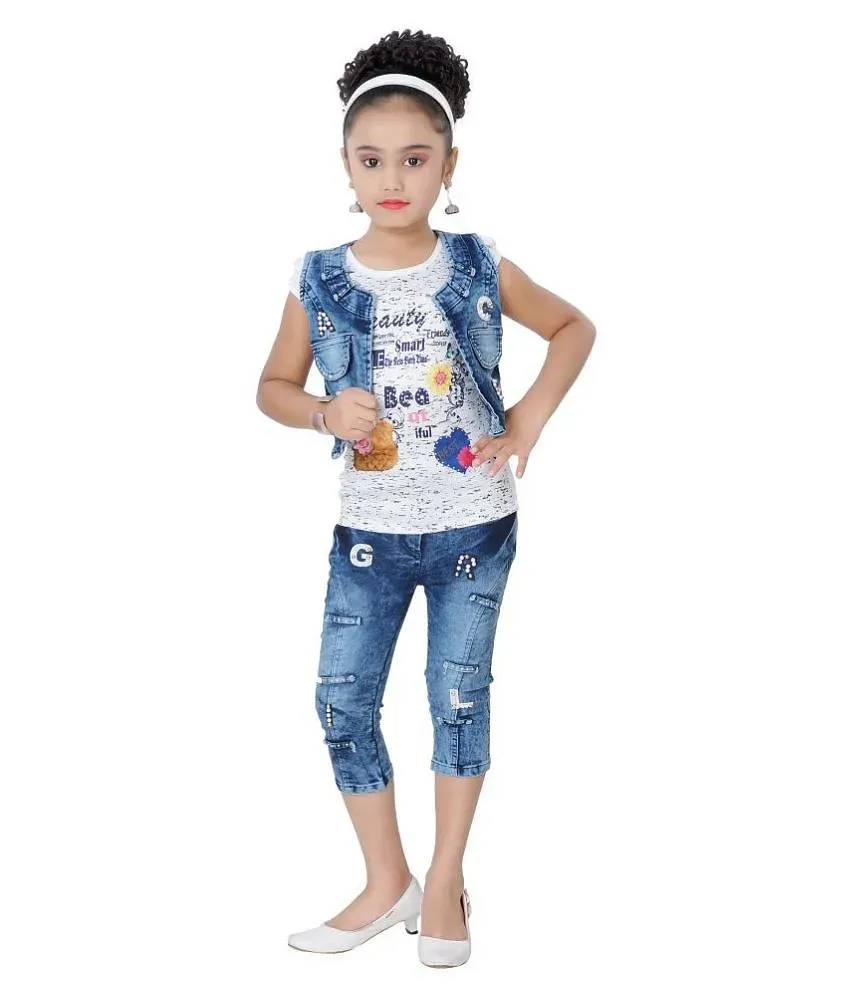 Arshia Fashions Girls Top Capri and Denim Jacket Set