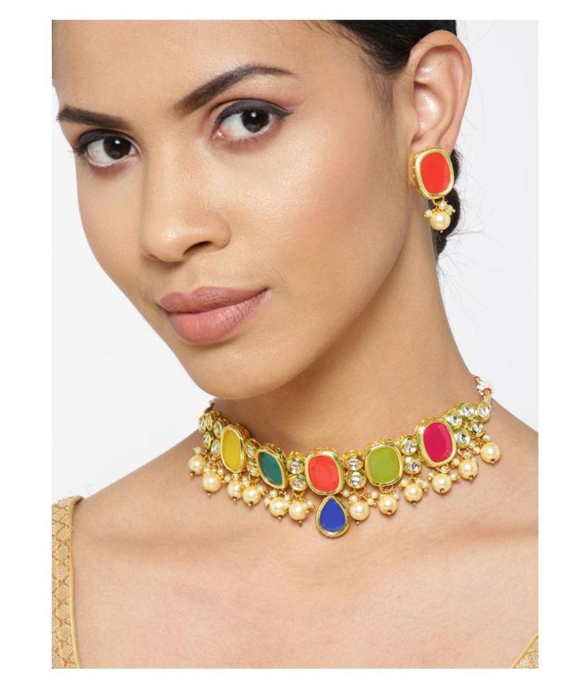     			Priyaasi Brass Multi Color Choker Designer Gold Plated Necklaces Set