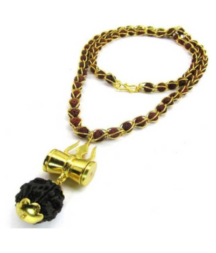     			Shiv Shakti Kavach 5 Mukhi Rudraksha Mala With Shiv Trishul & Damru Wood Chain Gold-plated Plated Brass Chain